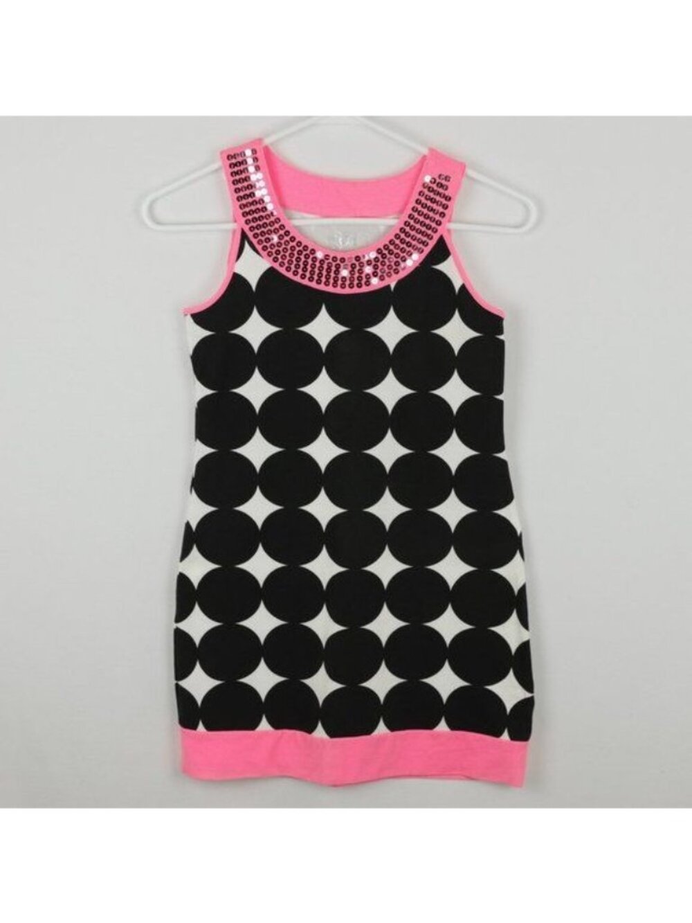 Justice Girls Size 12 Pink Black Polka Dot Sequined Sleeveless Knit Casual Dress